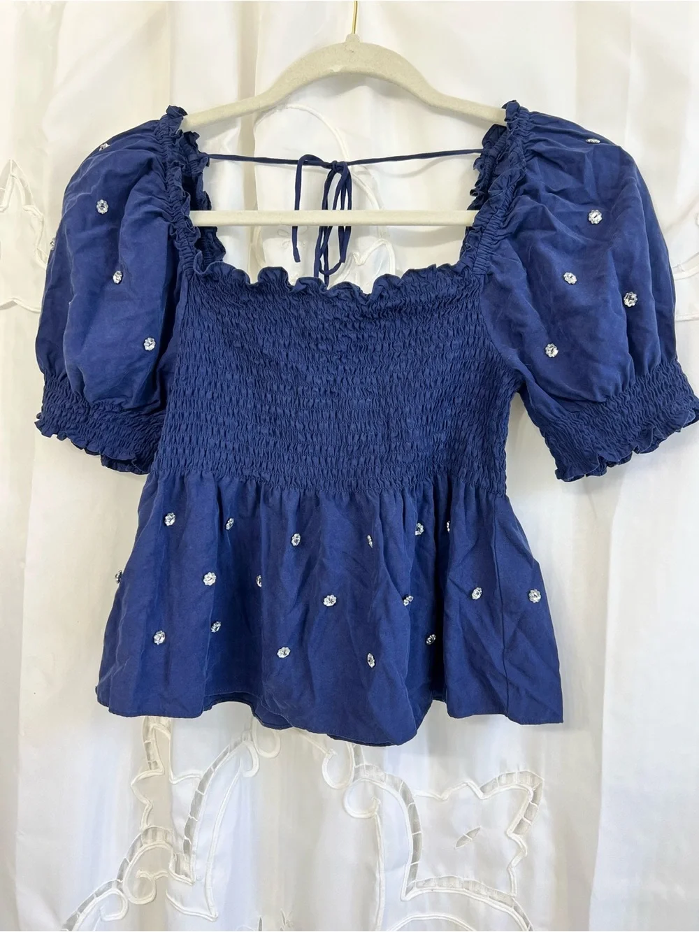 Hill House Home Jewel Jammie Top Navy Crystal Smocked Size Small